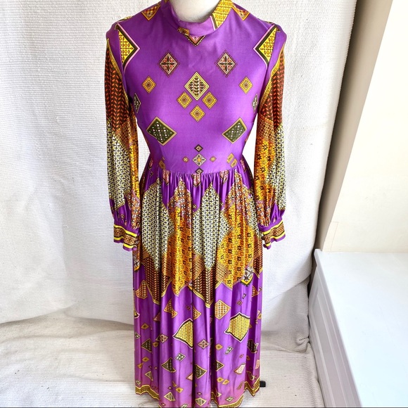 Vintage 60s 70s Marshall Fields Boho Print Dress - Picture 2 of 8